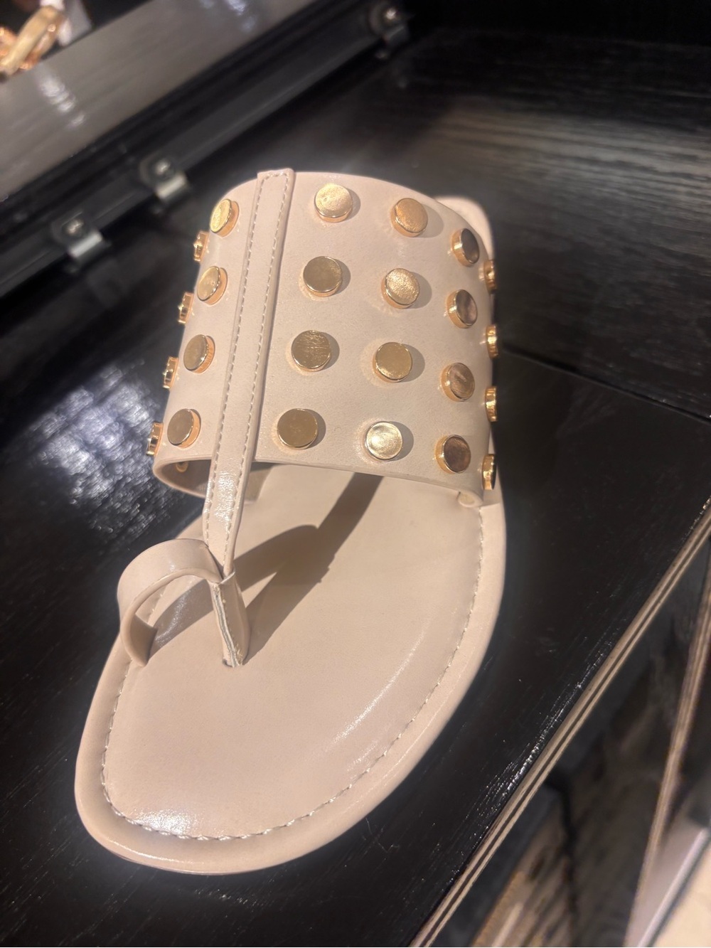 AKIRA Nude Thong Sandal with Gold Studs